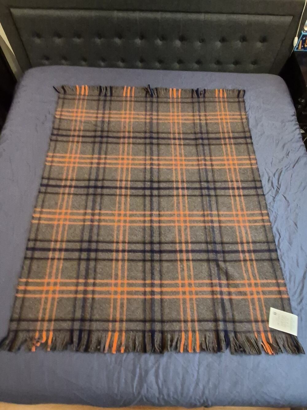 Amana Woolen Mills Gray Blue Orange Fringed Throw Blanket 50x60 NEW IN ORIGINAL